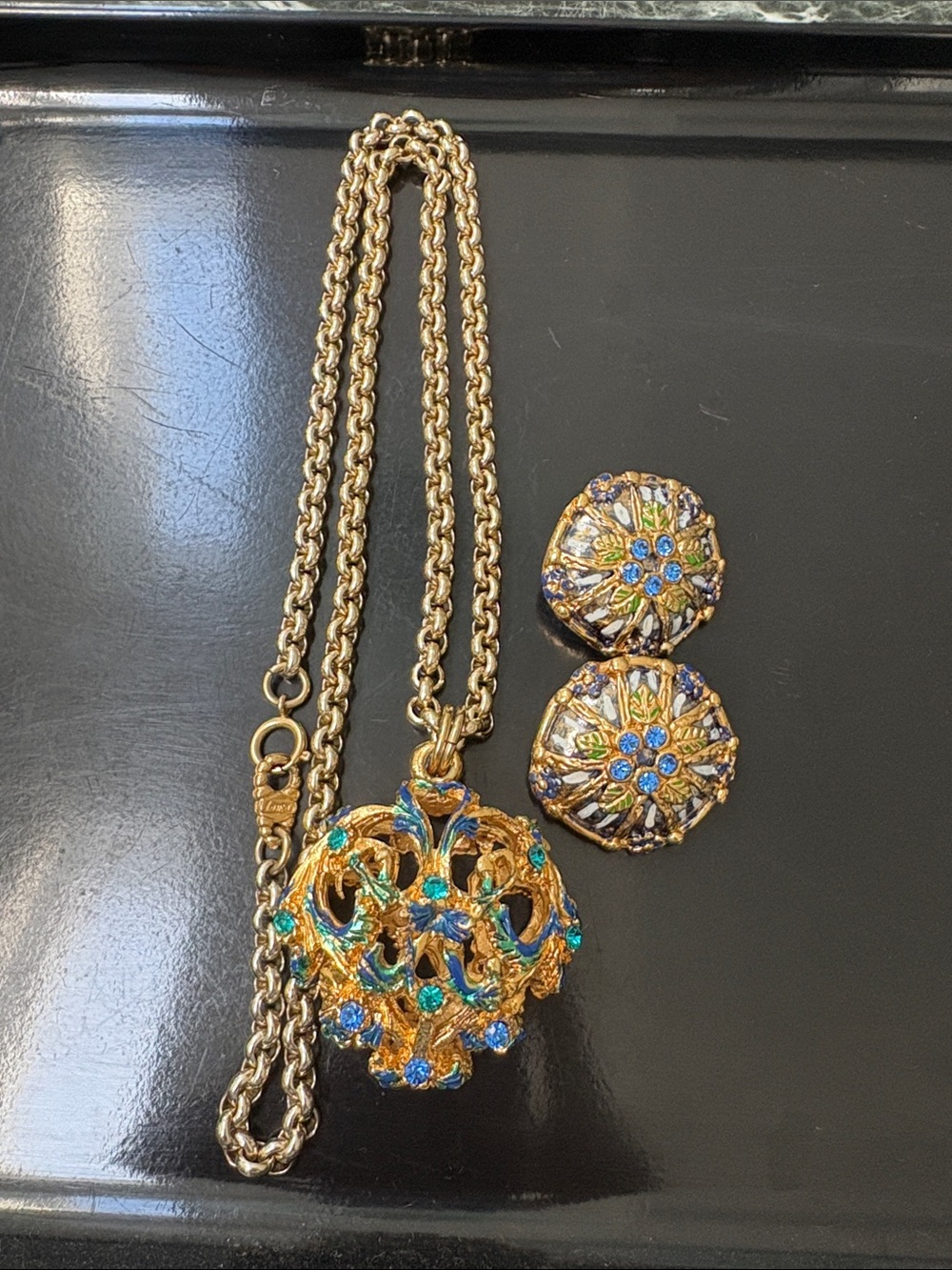 Vintage Italian Enamel Pendant Necklace and Earrings Matching Set